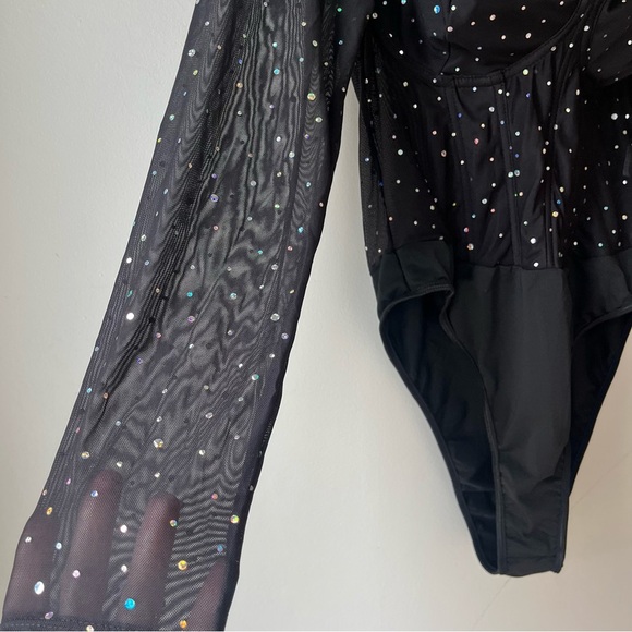 Shein Curve Black Rhinestone Mesh Long Sleeve Bodysuit Plus Size 1XL Holiday - Picture 3 of 12